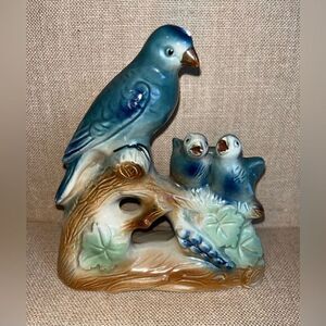 Blue Bird Family Figurine Mother & 2 babies Made In Brazil Porcelain MCM vintage